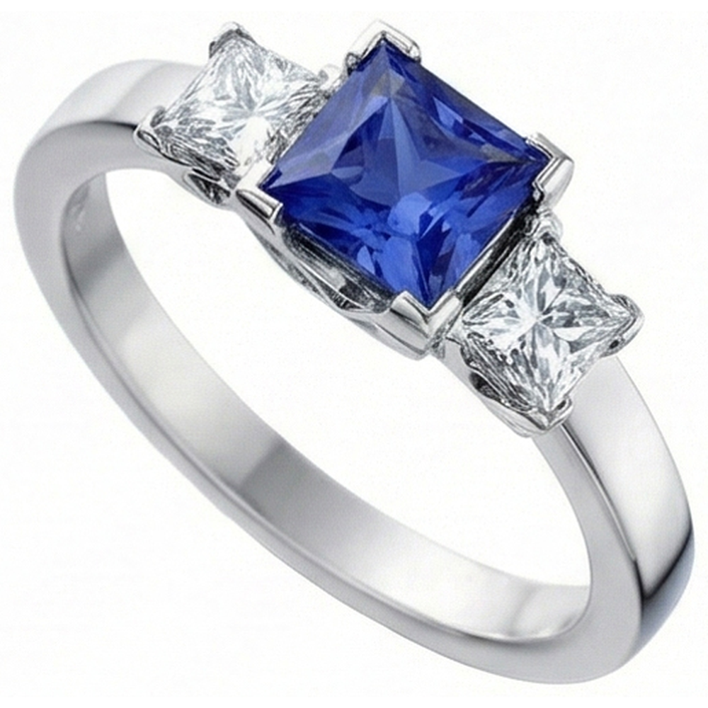 Bague 3 pierres en or avec saphir bleu princesse et diamant 5 carats