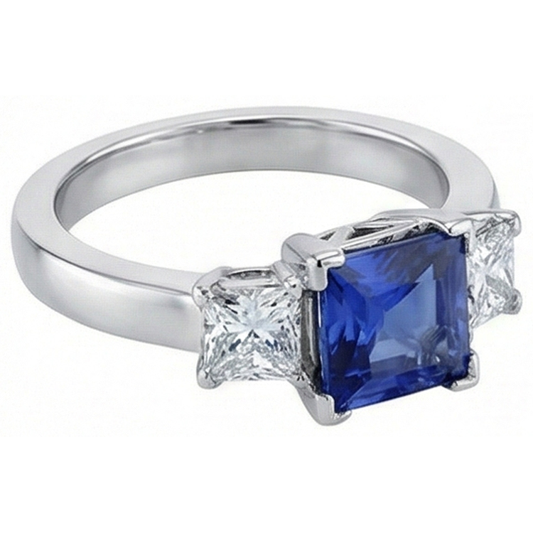 Bague 3 pierres en or avec saphir bleu princesse et diamant 5 carats