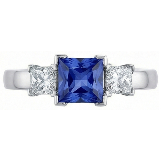 Bague 3 pierres en or avec saphir bleu princesse et diamant 5 carats