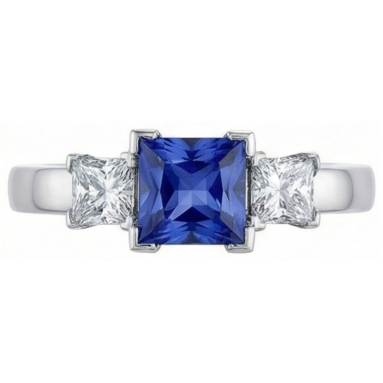 Bague 3 pierres en or avec saphir bleu princesse et diamant 5 carats