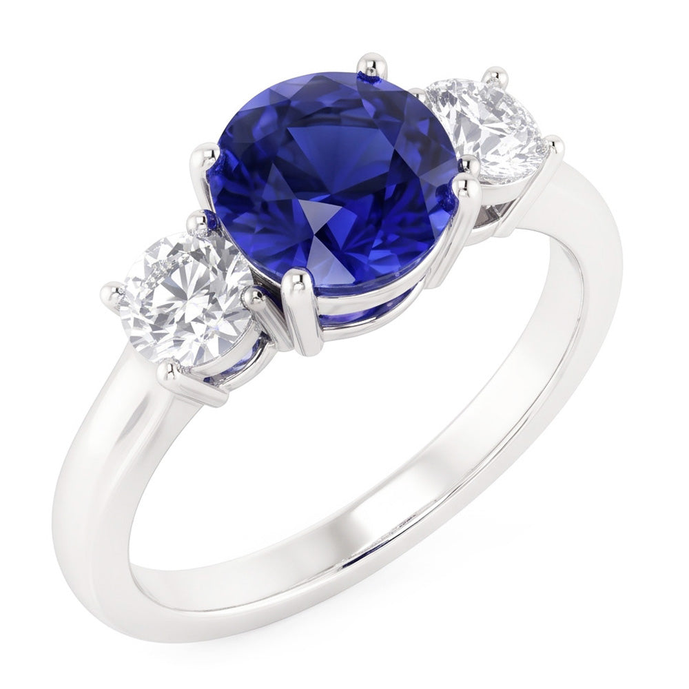 Bague 3 pierres en or blanc avec saphir bleu et diamant rond 5 carats 14K