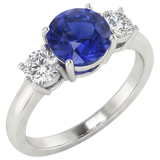 Bague 3 pierres en or blanc avec saphir bleu et diamant rond 5 carats 14K