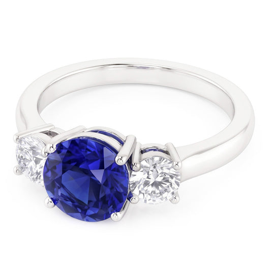 Bague 3 pierres en or blanc avec saphir bleu et diamant rond 5 carats 14K