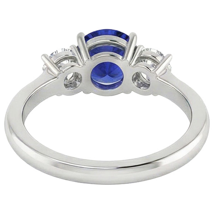 Bague 3 pierres en or blanc avec saphir bleu et diamant rond 5 carats 14K