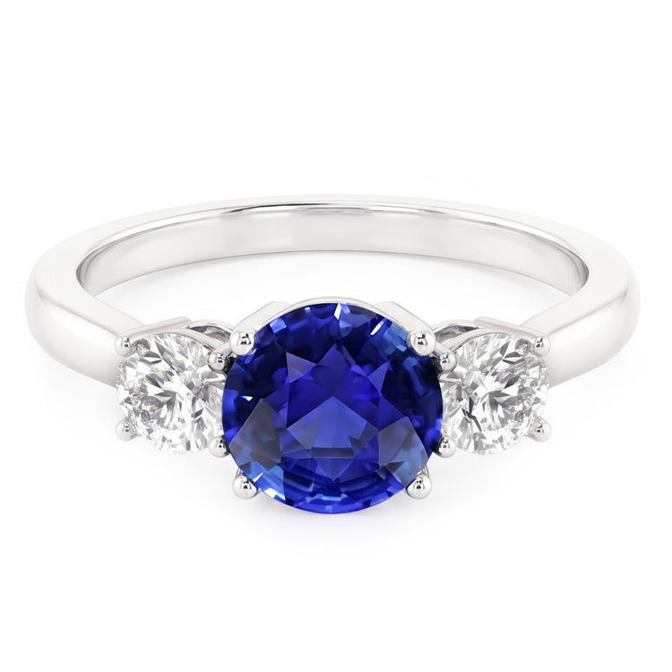 Bague 3 pierres en or blanc avec saphir bleu et diamant rond 5 carats 14K
