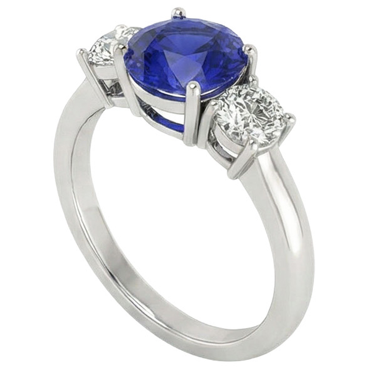 Bague 3 pierres en or blanc avec saphir bleu et diamant rond 5 carats 14K