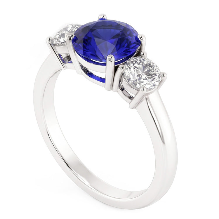 Bague 3 pierres en or blanc avec saphir bleu et diamant rond 5 carats 14K
