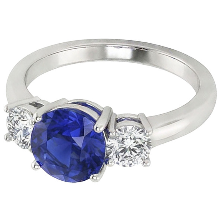 Bague 3 pierres en or blanc avec saphir bleu et diamant rond 5 carats 14K