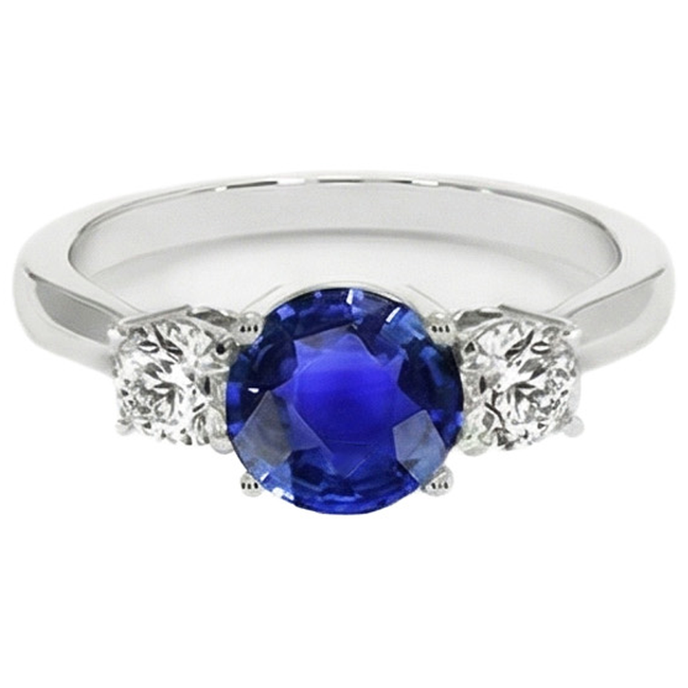 Bague 3 pierres en or blanc avec saphir bleu et diamant rond 5 carats 14K