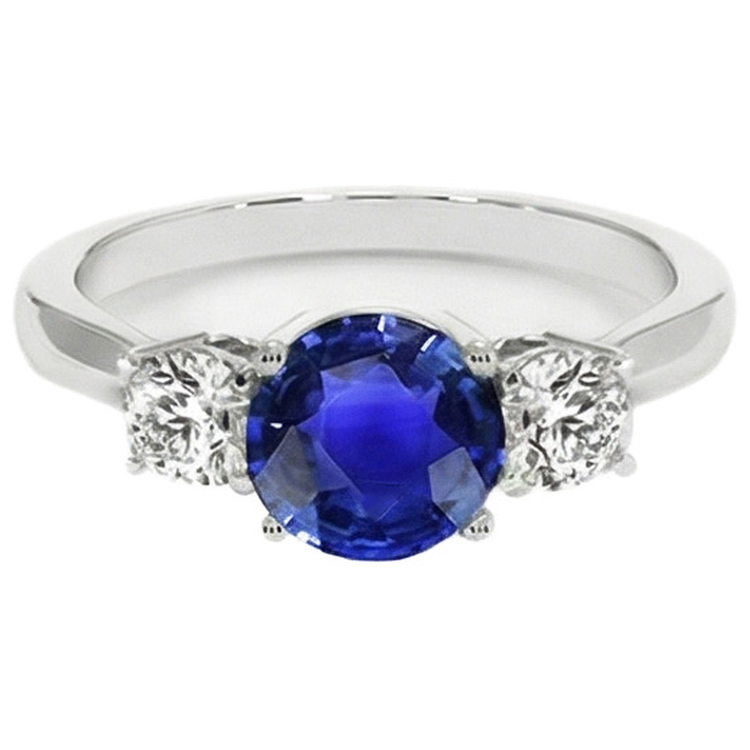 Bague 3 pierres en or blanc avec saphir bleu et diamant rond 5 carats 14K