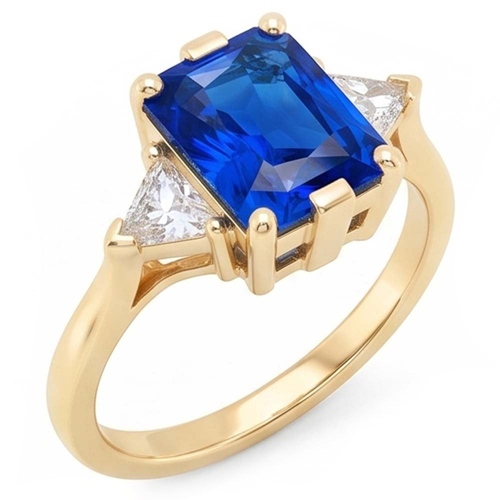 Bague 3 pierres en or jaune Radiant Sapphire 3 Carats Trillion Diamonds