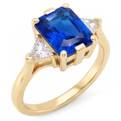 Bague 3 pierres en or jaune Radiant Sapphire 3 Carats Trillion Diamonds