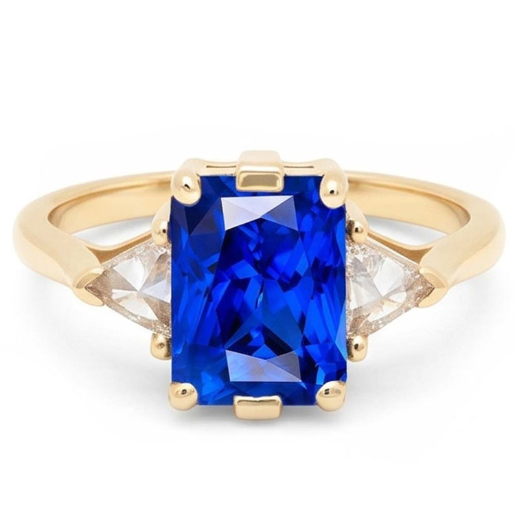 Bague 3 pierres en or jaune Radiant Sapphire 3 Carats Trillion Diamonds