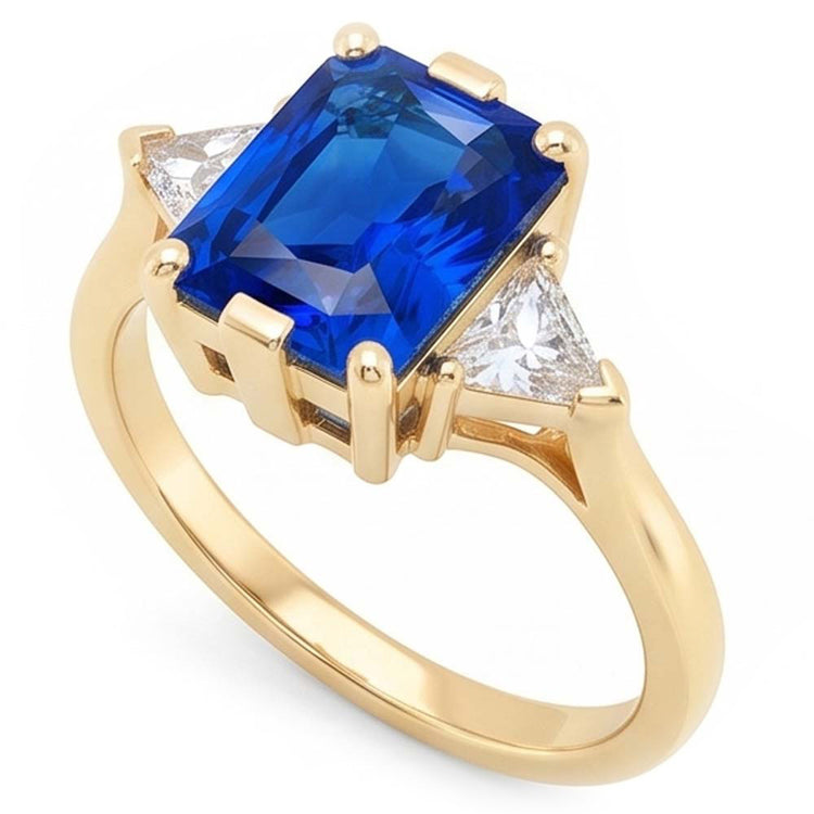 Bague 3 pierres en or jaune Radiant Sapphire 3 Carats Trillion Diamonds