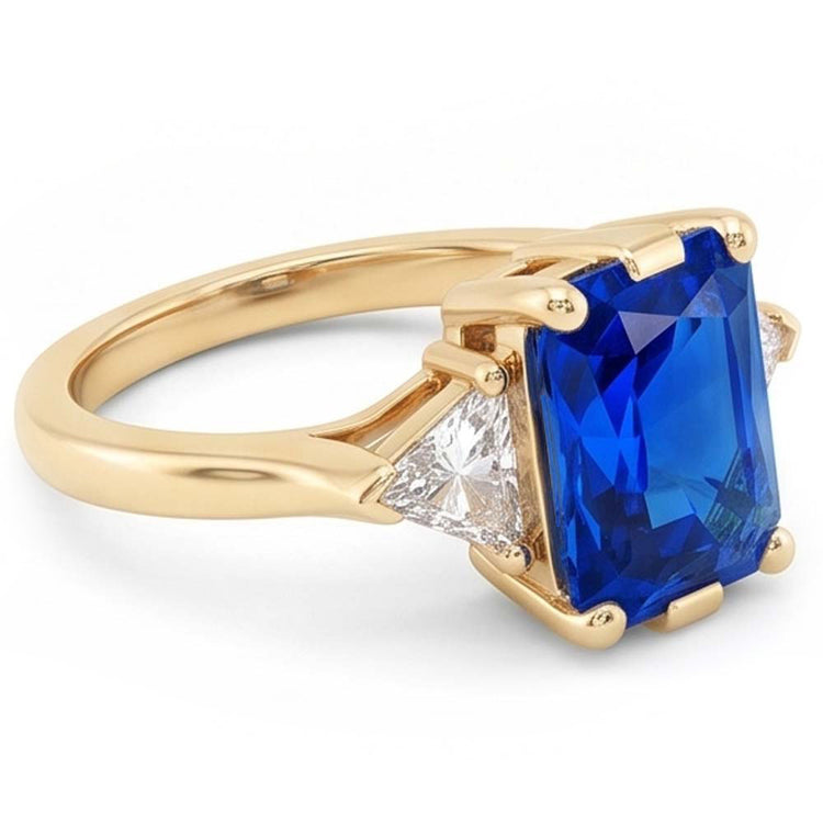 Bague 3 pierres en or jaune Radiant Sapphire 3 Carats Trillion Diamonds