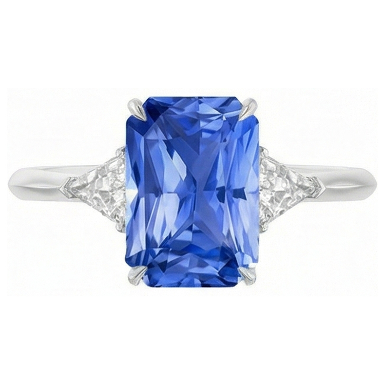 Bague 3 pierres saphir bleu petit trillion diamants bijoux 2.75 carats