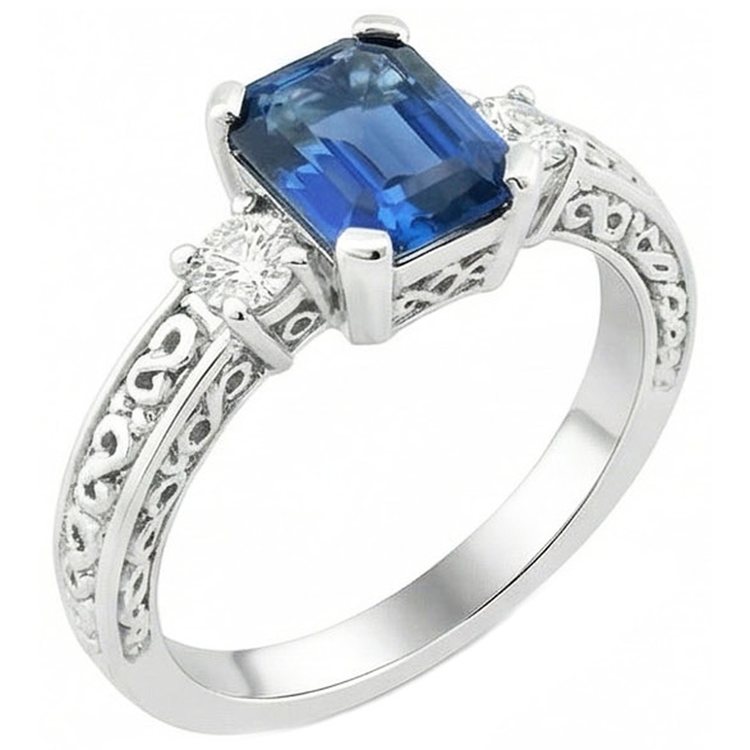 Bague 3 pierres saphir taille émeraude bleue et diamants en or 2.50 carats