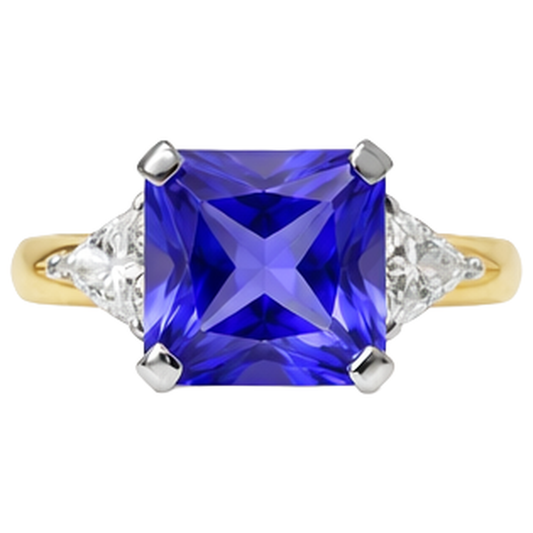 Bague 3 pierres taille princesse diamant tanzanite 3,50 carats deux tons