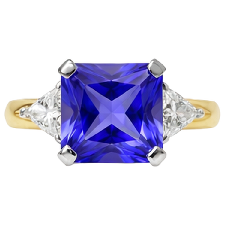 Bague 3 pierres taille princesse diamant tanzanite 3,50 carats deux tons