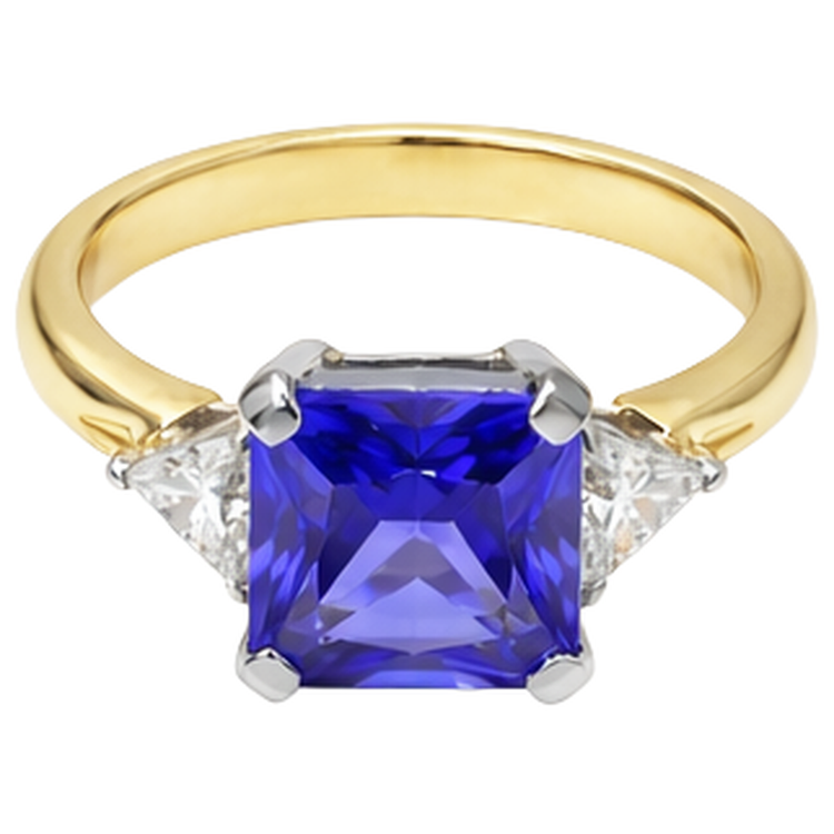 Bague 3 pierres taille princesse diamant tanzanite 3,50 carats deux tons