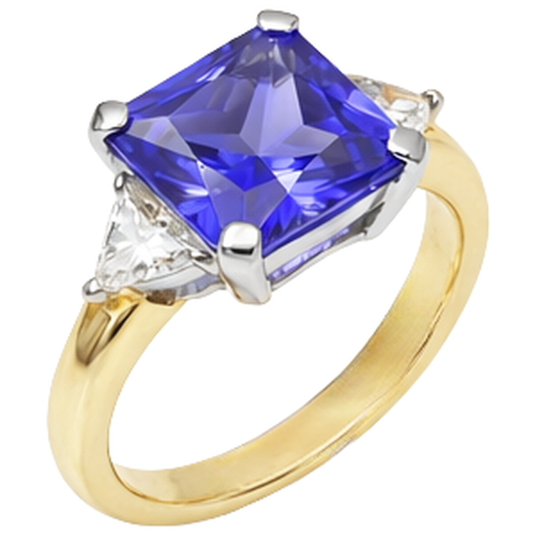 Bague 3 pierres taille princesse diamant tanzanite 3,50 carats deux tons