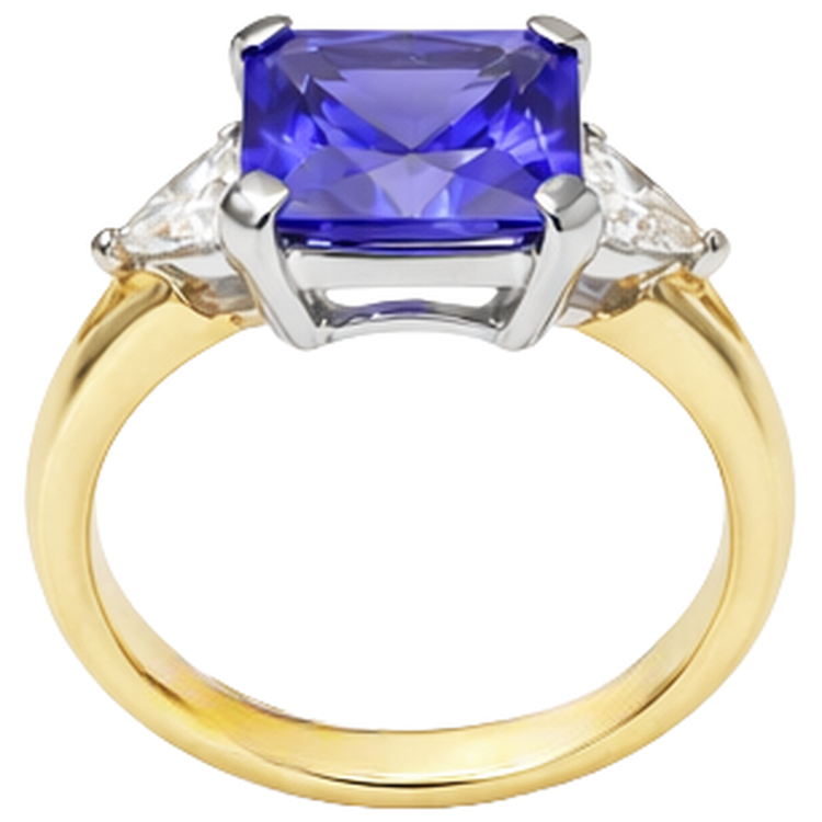 Bague 3 pierres taille princesse diamant tanzanite 3,50 carats deux tons