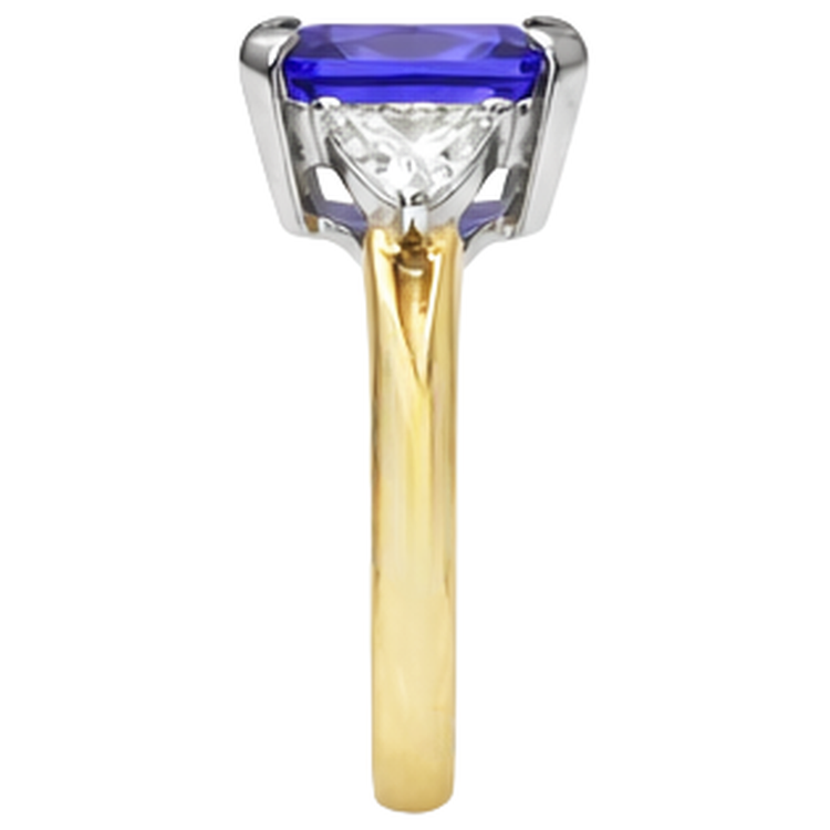 Bague 3 pierres taille princesse diamant tanzanite 3,50 carats deux tons