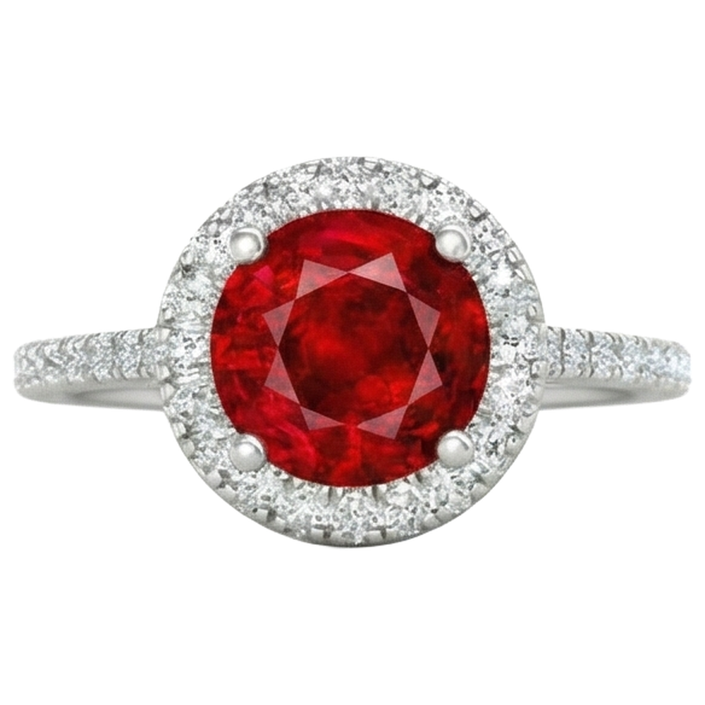 Bague 4 carats sertie de griffes rubis avec diamants or blanc 14 carats