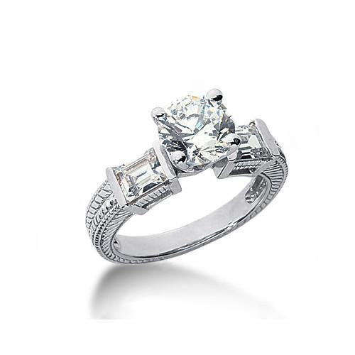 Bague A Trois Pierres Rondes Et Emeraude De Véritable Diamant Style Ancien De 2.50 Carats Neuf