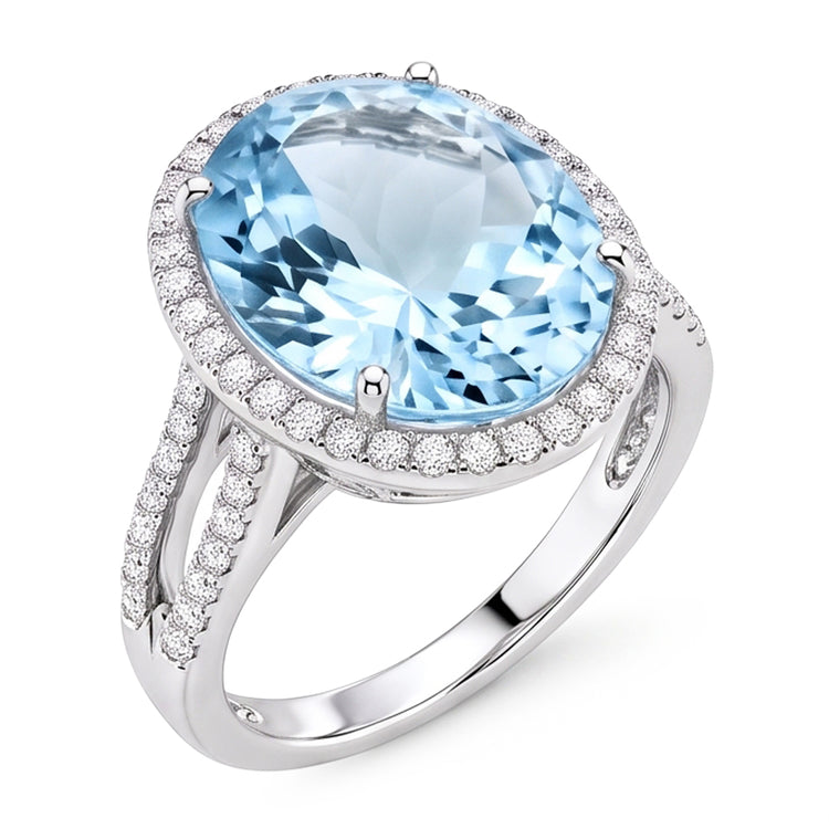 Bague Aigue-Marine Et Diamants Naturels Extraits des Mines ( et non cultivés en laboratoire ) Taille Ronde 12 Ct Sertie De Griffes Or Blanc