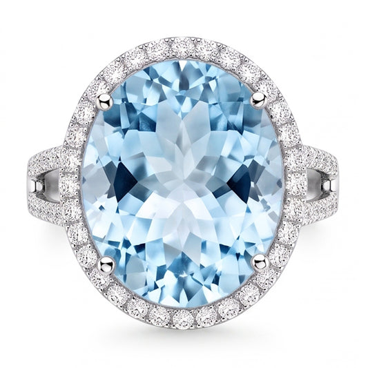 Bague Aigue-Marine Et Diamants Naturels Extraits des Mines ( et non cultivés en laboratoire ) Taille Ronde 12 Ct Sertie De Griffes Or Blanc