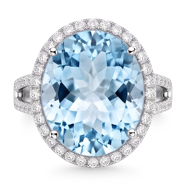 Bague Aigue-Marine Et Diamants Naturels Extraits des Mines ( et non cultivés en laboratoire ) Taille Ronde 12 Ct Sertie De Griffes Or Blanc