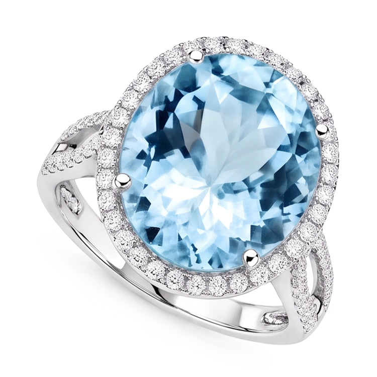 Bague Aigue-Marine Et Diamants Naturels Extraits des Mines ( et non cultivés en laboratoire ) Taille Ronde 12 Ct Sertie De Griffes Or Blanc