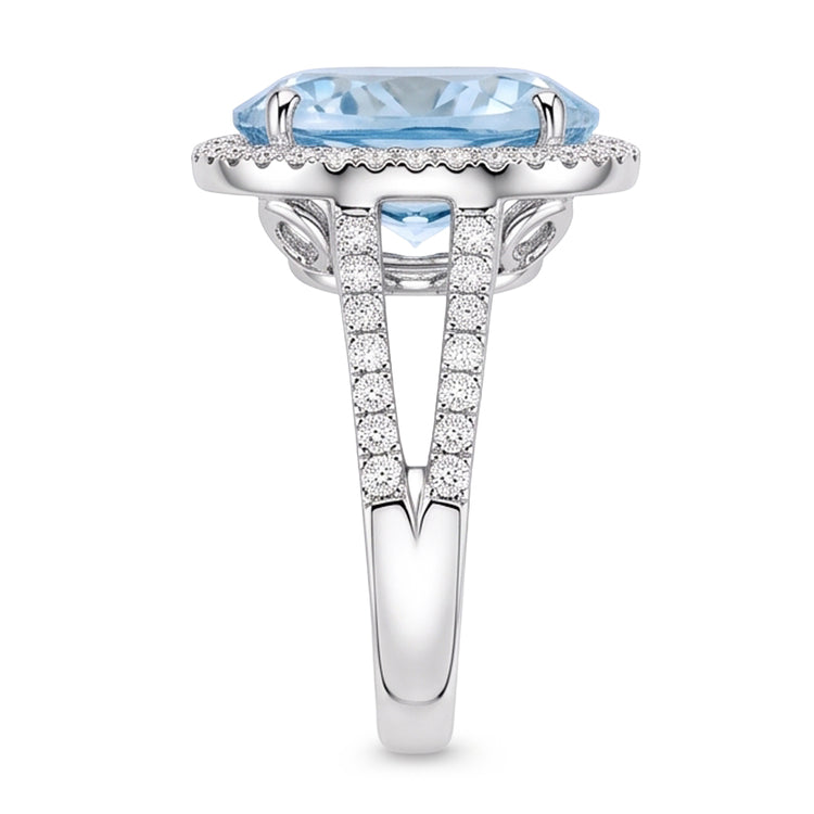 Bague Aigue-Marine Et Diamants Naturels Extraits des Mines ( et non cultivés en laboratoire ) Taille Ronde 12 Ct Sertie De Griffes Or Blanc