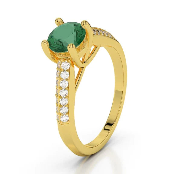 Bague Anniversaire 2.25 Ct Émeraude Vert Taille Ronde Et Diamants Or Jaune