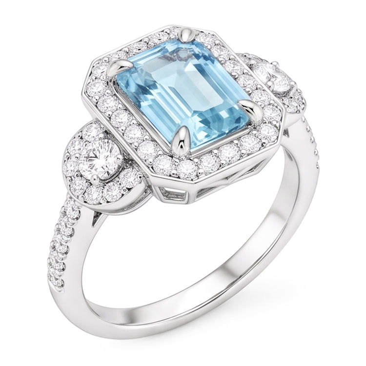 Bague Anniversaire Aigue-Marine Et Diamants Naturels Extraits des Mines ( et non cultivés en laboratoire ) 5.80 Ct Nouvel Or Blanc 14K