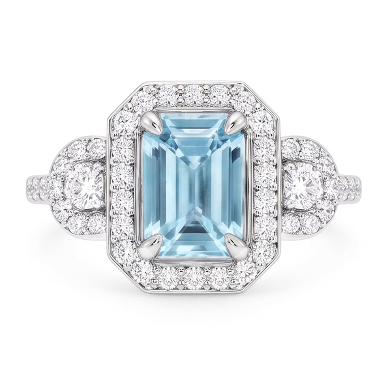 Bague Anniversaire Aigue-Marine Et Diamants Naturels Extraits des Mines ( et non cultivés en laboratoire ) 5.80 Ct Nouvel Or Blanc 14K