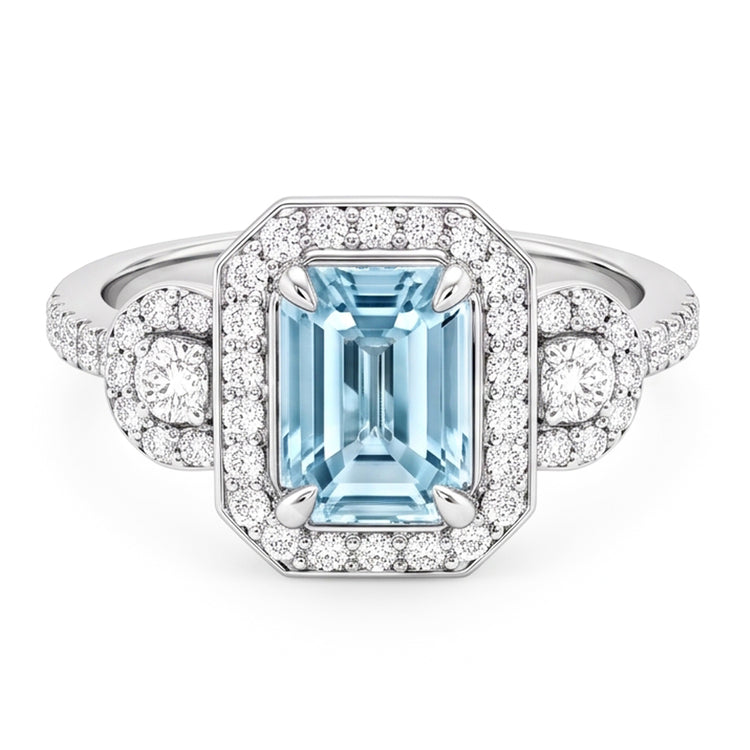 Bague Anniversaire Aigue-Marine Et Diamants Naturels Extraits des Mines ( et non cultivés en laboratoire ) 5.80 Ct Nouvel Or Blanc 14K