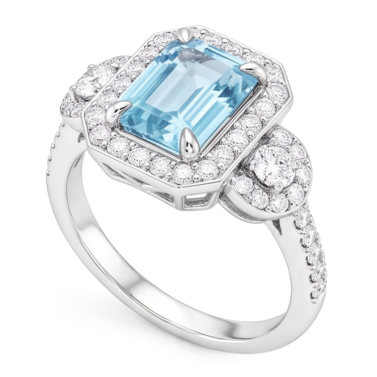 Bague Anniversaire Aigue-Marine Et Diamants Naturels Extraits des Mines ( et non cultivés en laboratoire ) 5.80 Ct Nouvel Or Blanc 14K