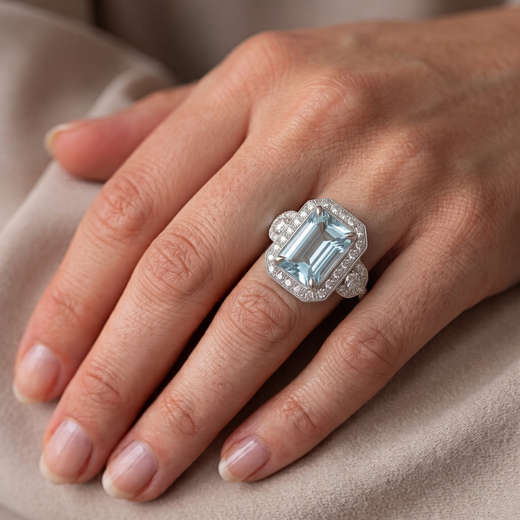 Bague Anniversaire Aigue-Marine Et Diamants Naturels Extraits des Mines ( et non cultivés en laboratoire ) 5.80 Ct Nouvel Or Blanc 14K