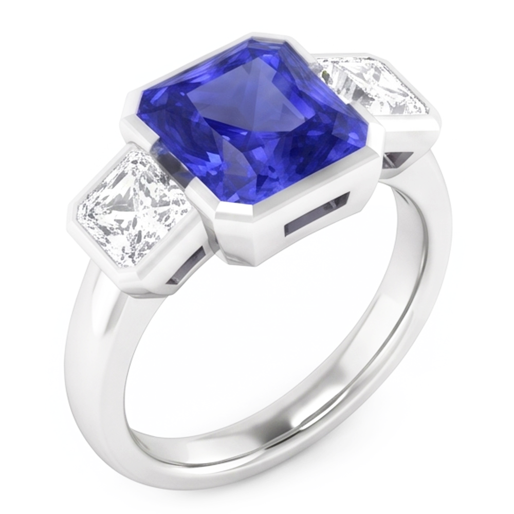 Bague Anniversaire Asscher Diamant Radiant Saphir 3 Carats 3 Pierre