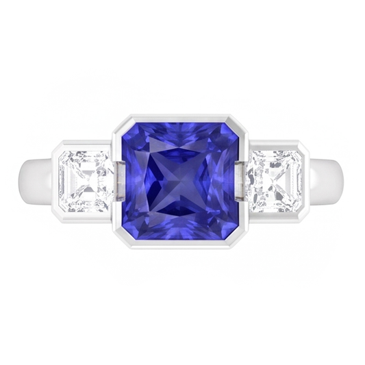 Bague Anniversaire Asscher Diamant Radiant Saphir 3 Carats 3 Pierre