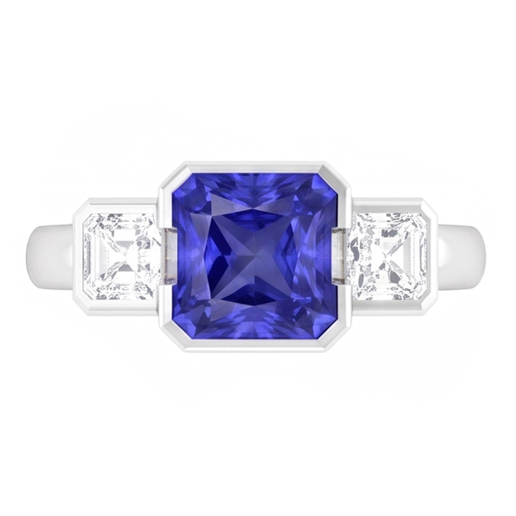 Bague Anniversaire Asscher Diamant Radiant Saphir 3 Carats 3 Pierre
