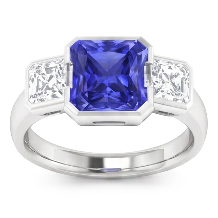 Bague Anniversaire Asscher Diamant Radiant Saphir 3 Carats 3 Pierre