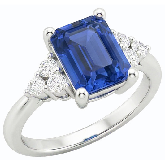 Bague Anniversaire Diamant Forme Émeraude Saphir Bleu 3.50 Carats