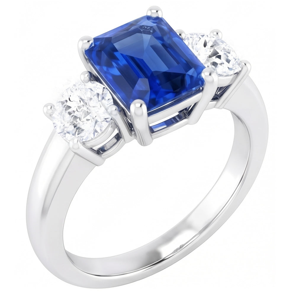 Bague Anniversaire Diamant Rond Saphir Bleu 2.50 Carats Femme 3 Pierre