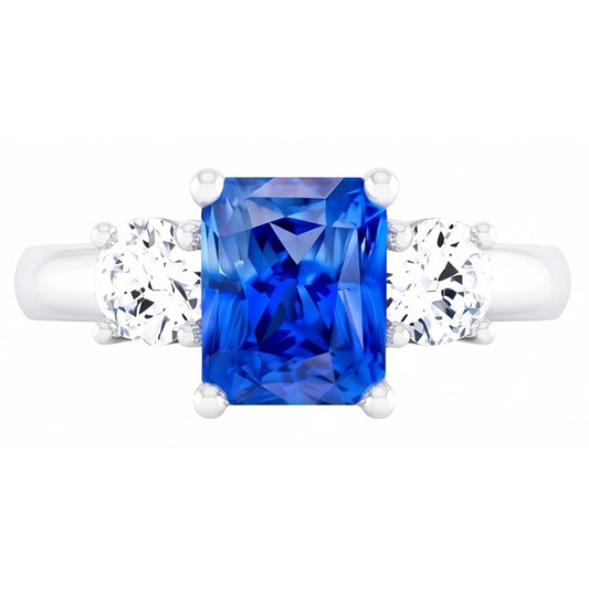Bague Anniversaire Diamant Rond Saphir Bleu 2.50 Carats Femme 3 Pierre
