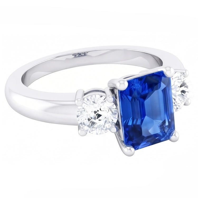 Bague Anniversaire Diamant Rond Saphir Bleu 2.50 Carats Femme 3 Pierre