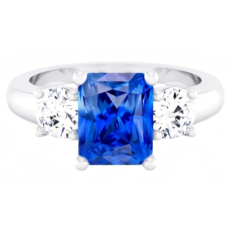 Bague Anniversaire Diamant Rond Saphir Bleu 2.50 Carats Femme 3 Pierre