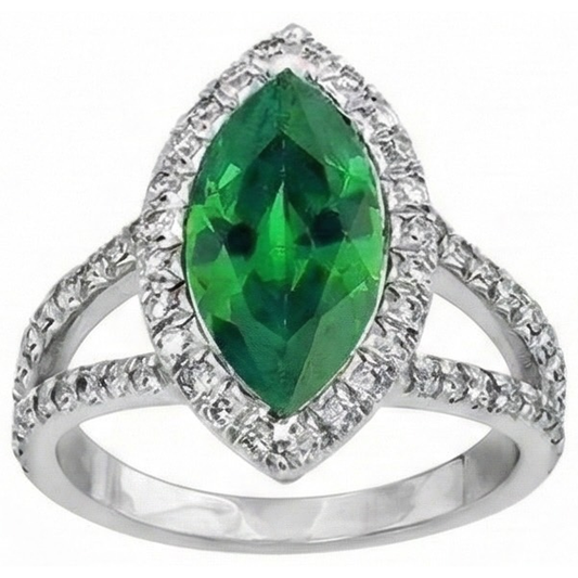 Bague Anniversaire Émeraude Verte Taille Marquise & Diamant Rond 6.50 Carats